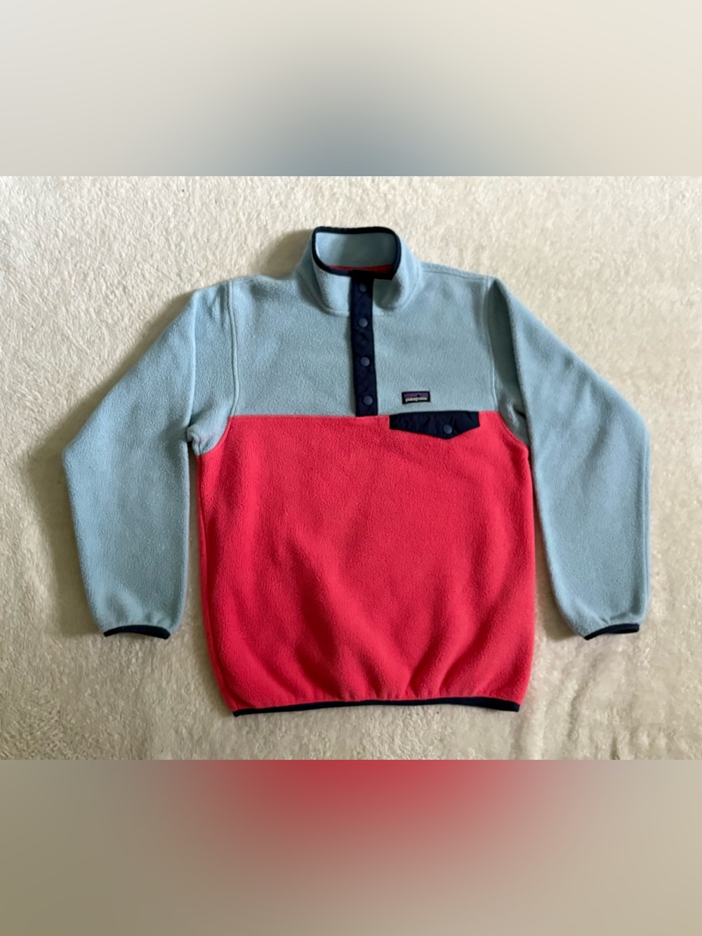 Kids Patagonia Synchilla Colorblock Snap T Fleece Pullover Blue Coral Pink Large